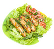 sausage with lettuce leaves, isolated on white background