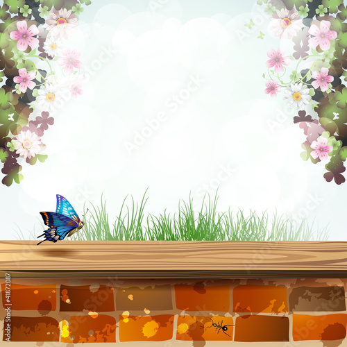 Vektor: Landscape with brick wall covered by wood Landscape with brick wall covered by wood