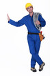 Electrician carrying spool of cable