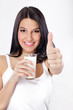 Smiling woman drinking healthy lifestyle milk food Smiling woman drinking healthy lifestyle milk food
