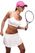 tan woman in white sportswear and tennis racquet