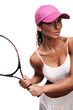 tan woman in white sportswear and tennis racquet