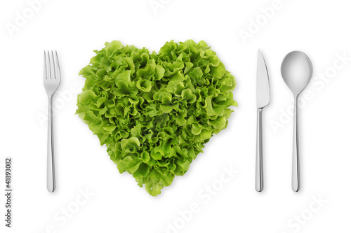 Photo: heart-shaped salad, lettuce with fork, spoon, knife heart-shaped salad, lettuce with fork, spoon, knife