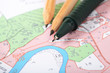 Topographic map with pencils and a RollerBall Topographic map with pencils and a RollerBall