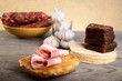 Still-life with sausage bacon and bread Still-life with sausage bacon and bread