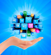 Vector: Abstract colorful background with icons and hand Abstract colorful background with icons and hand