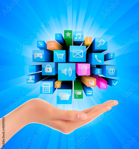 Vector: Abstract colorful background with icons and hand Abstract colorful background with icons and hand