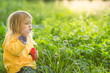 Adorable baby blow soap bubbles in park