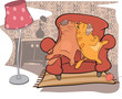 Cats friends sleep on a sofa. Cartoon