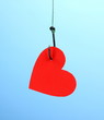 Heart on fish hook on blue background
