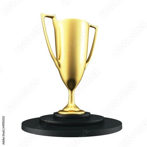 Illustration: 3d Gold cup of the winner with pedestal 3d Gold cup of the winner with pedestal