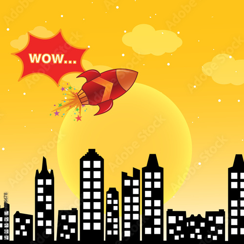 Vector: Flying rocket in the city Flying rocket in the city