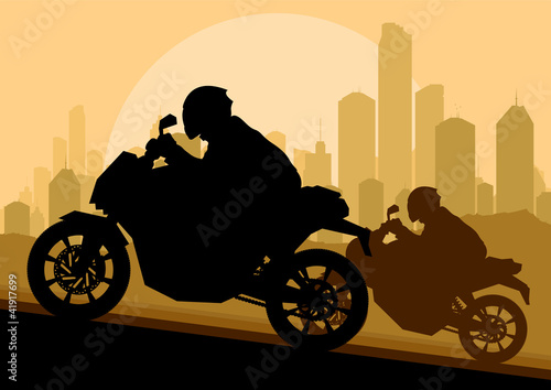 Vector: Sport motorbike riders motorcycle silhouettes in skyscraper city Sport motorbike riders motorcycle silhouettes in skyscraper city
