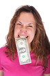 Banknote in woman mouth Banknote in woman mouth