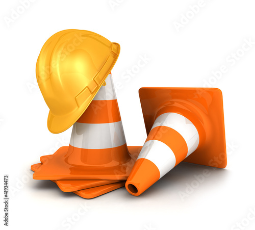 Illustration: 3d traffic cones and a safety helmet 3d traffic cones and a safety helmet