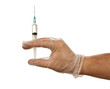Hand in latex glove holding syringe Hand in latex glove holding syringe