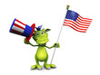 Cute cartoon monster holding an American flag and hat.