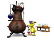 Cute cartoon monster in his chemistry lab.