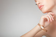 beautiful woman wearing jewelry, very clean copy space
