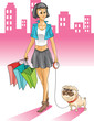 woman with pug shopping in the city