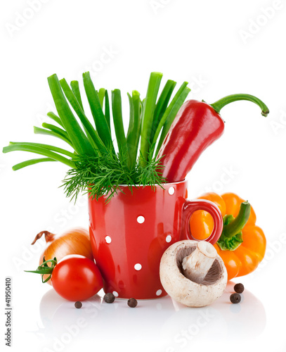 Photo: fresh vegetables with green leaves isolated on white background fresh vegetables with green leaves isolated on white background