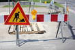 Roadworks, warning fence and signs