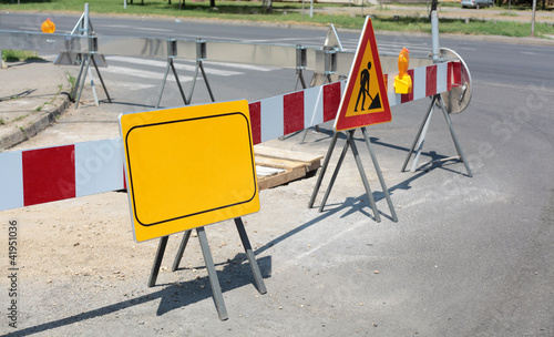 Photo: Roadworks, warning fence and signs Roadworks, warning fence and signs