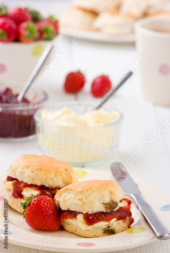Photo: Home-baked scones strawberry jam, clotted cream strawberries. Home-baked scones strawberry jam, clotted cream strawberries.