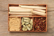 Herbs and spice in a tray