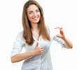 woman holds card woman holds card