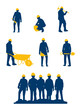 workers silhouette with yellow tools and helmet