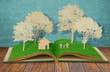 Paper cut of family symbol on old grass book  ( House,Tree,Mom,D