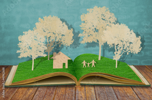 Illustration: Paper cut of family symbol on old grass book ( House,Tree,Mom,D Paper cut of family symbol on old grass book ( House,Tree,Mom,D
