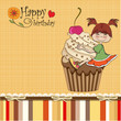 birthday card with funny girl perched on cupcake