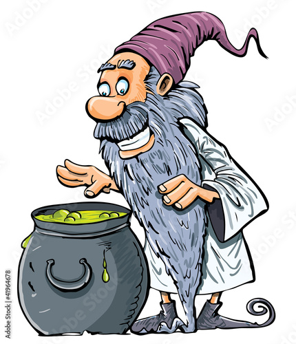 Illustration: Cartoon Wizard with boiling cauldron. Isolated on white Cartoon Wizard with boiling cauldron. Isolated on white