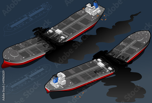 Vektor: Isometric ship tanker destroyed in two parts, in two position Isometric ship tanker destroyed in two parts, in two position