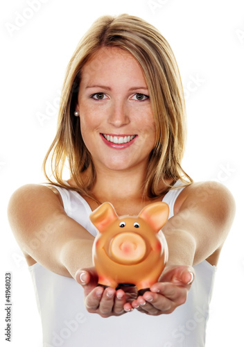 Photo: junge Frau beim Sparen von Geld junge Frau beim Sparen von Geld