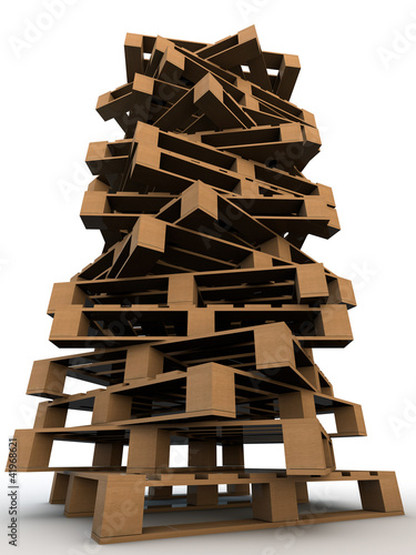 Illustration: tower of wooden pallets over white background tower of wooden pallets over white background