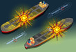 Vektor: Isometric ship tanker hit by explosion in two position Isometric ship tanker hit by explosion in two position