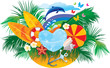 summer background with palms, surfboards, rainbow and dolphin