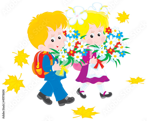 Vector: Schoolboy and schoolgirl first graders Schoolboy and schoolgirl first graders