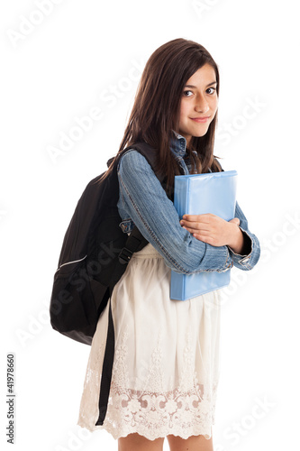 Photo: Preteen student with backpack and folder isolated on white Preteen student with backpack and folder isolated on white