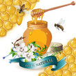 Jar of honey with wooden dipper, bees, ribbon
