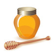Closed honey jar and wooden dipper isolated on white