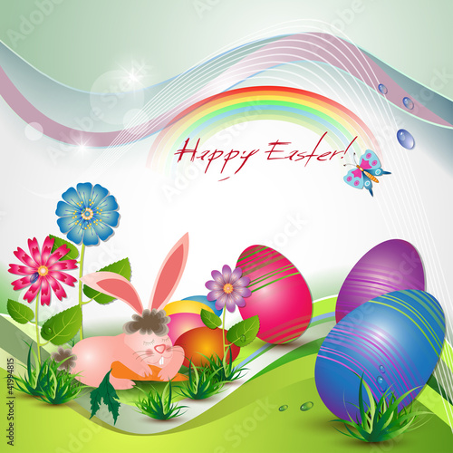 Illustration: Easter card with bunny, colored eggs and flowers Easter card with bunny, colored eggs and flowers