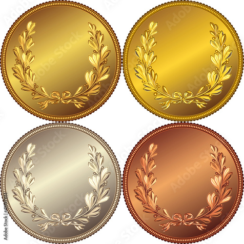 Vector: set of the gold, silver and bronze coins with the image of a lau set of the gold, silver and bronze coins with the image of a lau
