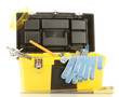 Foto: Open yellow tool box with tools isolated on white background Open yellow tool box with tools isolated on white background