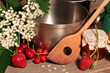Kochtopf mit Obst und Marmelade
