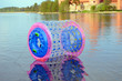 Zorb air bubble on Lake Galve water Trakai Castle Zorb air bubble on Lake Galve water Trakai Castle