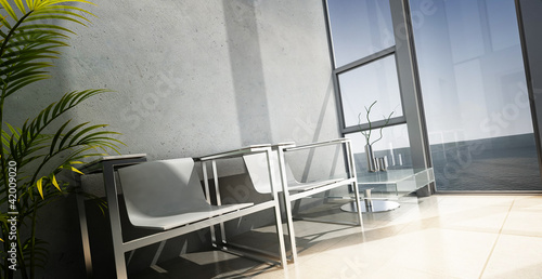 Illustration: Modern chairs in front of window with sea view Modern chairs in front of window with sea view